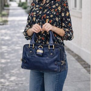 CHLOE Paddington Navy Blue Leather Satchel Hand Bag with Lock & Key